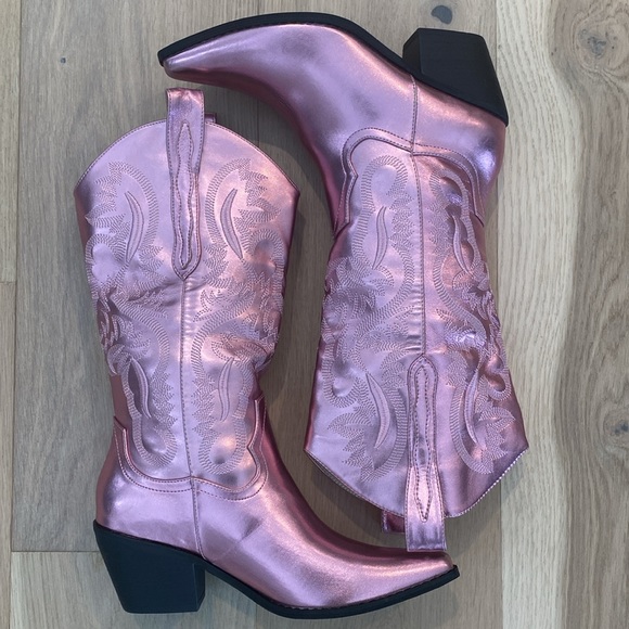 NWOT Women's Pink Metallic Cowboy Mid-Calf Boots - Picture 3 of 13